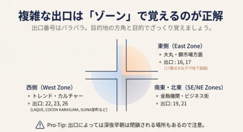 四条烏丸の出口を、大丸方面の「東側」、トレンド・カルチャーの「西側」、ビジネス街の「南東・北東」の3つのゾーンに分けて解説した図。