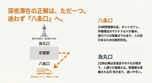 京都駅の烏丸口と八条口の深夜の状況比較。八条口には24時間営業店があるが、烏丸口はシャッターが閉まることを説明した図