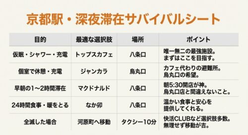 京都駅周辺の深夜滞在スポット（トップスカフェ、ジャンカラ、マクドナルド、なか卯）を目的別にまとめた比較表