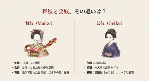 舞妓と芸妓のイラスト比較図。舞妓は振袖とだらりの帯、芸妓はシックな着物と島田髷など、外見や役割（修業期間とプロ）の違いを説明している。