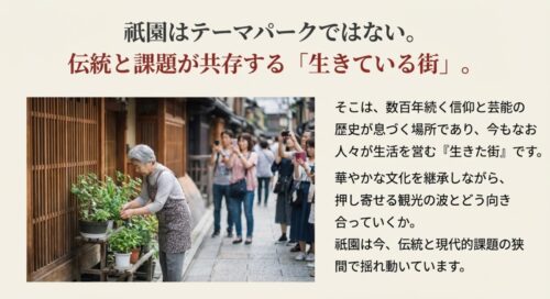 京町家の前で植物の手入れをする地元の方と、通りを行き交う観光客の写真。「祇園はテーマパークではない」というメッセージと共に、伝統と観光の課題について問いかけている。