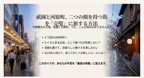 「祇園と河原町、二つの顔を持つ街を完璧に旅する方法」というタイトルと、効率的な回り方や混雑回避などのトピックが書かれたスライド表紙。