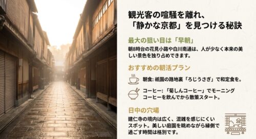 静かな日本庭園の縁側に佇む女性の後ろ姿と、早朝の散策ルートや朝食におすすめのお店（ろじうさぎ、菊しんコーヒー）を紹介する情報。