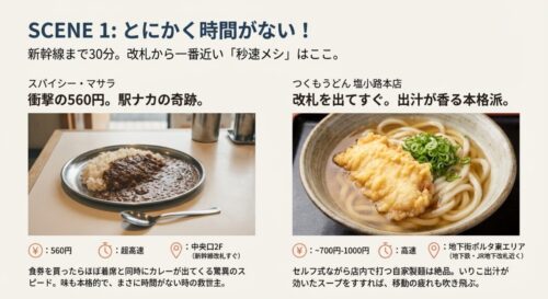 「とにかく時間がない！」シーンにおすすめの店として、560円のマサラカレー（スパイシー・マサラ）と、とり天うどん（つくもうどん）の写真と店舗情報が掲載されている。