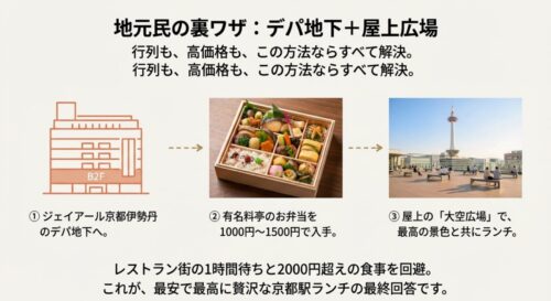 地元民の裏ワザ紹介。伊勢丹のデパ地下でお弁当を買い、屋上の大空広場で食べる手順と、京都タワーが見える屋上の写真。