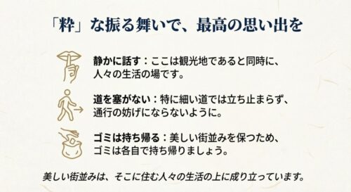 「静かに話す」「道を塞がない」「ゴミは持ち帰る」という3つのマナーと、美しい街並みは住民の生活の上に成り立っていることを伝える啓蒙スライド。