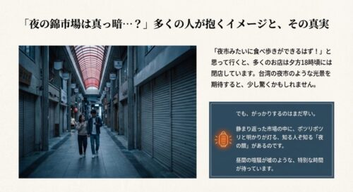 シャッターが閉まった静かな夜のアーケードを歩くカップルの写真。「夜の錦市場は真っ暗…？」という疑問に対し、静寂の中に灯る明かりの魅力を伝えるスライド。