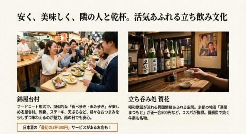 笑顔で乾杯するグループの写真と、日本酒の瓶が並ぶカウンターの写真。活気あふれる立ち飲み文化や、フードコート形式の「錦屋台村」、「立ち呑み処 賀花」を紹介するスライド。