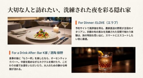 高級感のあるテーブルセッティングでのイタリアン料理と、ロックグラスに入ったウイスキーの写真。洗練された夜を過ごせる「ELOVE」と「Bar K家」の紹介。