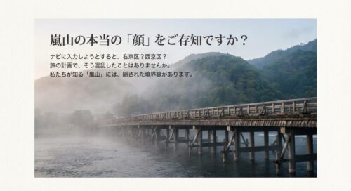 「嵐山の本当の顔をご存知ですか？」という問いかけと、ナビ入力時に右京区か西京区かで混乱する旅の悩みを提起しているスライド