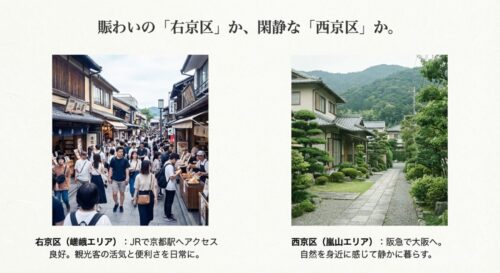 観光客で賑わう右京区の商店街の写真と、緑豊かで静かな西京区の住宅街の写真を対比させ、それぞれのエリアの特徴を記したスライド