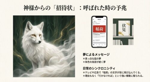白い狐のイラストと、伏見稲荷に呼ばれる時の予兆（夢、シンクロニシティ）についての解説スライド。