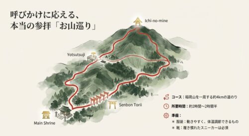 稲荷山お山巡りの全体マップと、Sコースの所要時間、適した服装や靴についての解説スライド。