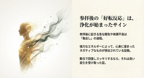 参拝後に起こる眠気や体調不良などの「好転反応」と、それが浄化のサインであることの解説スライド。