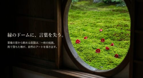 一面の緑に覆われた苔庭の風景。「緑のドームに、言葉を失う。草庵の窓から眺める庭園は、一枚の絵画」というテキスト。