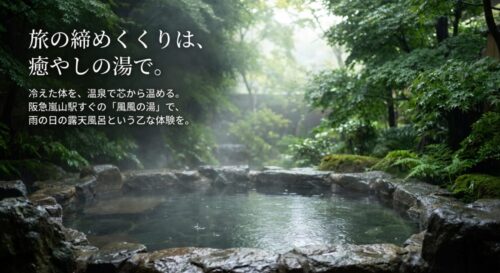 「旅の締めくくりは、癒やしの湯で」というメッセージ。「風風の湯」で冷えた体を温める提案をしているスライド。