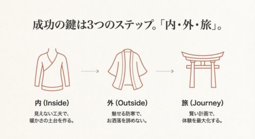 冬の着物観光を成功させる3つの鍵。「内（インナー対策）」、「外（アウターとコーデ）」、「旅（計画とルート）」のイラスト図解。