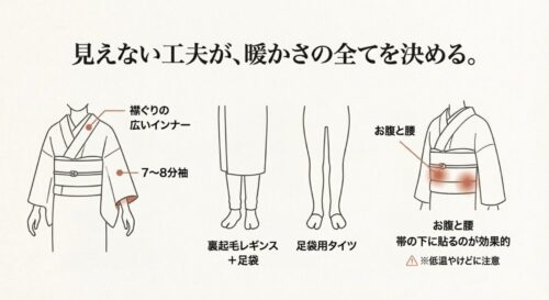着物のインナー選びの図解。襟ぐりの広いインナー、7～8分袖、腹部のカイロ位置、裏起毛レギンスと足袋の組み合わせを示したイラスト。