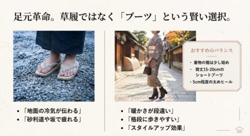 着物にブーツを合わせた足元の写真と推奨バランスの解説。裾は短め、筒丈15-20cmのショートブーツ、5cmヒールがおすすめである旨の図解。