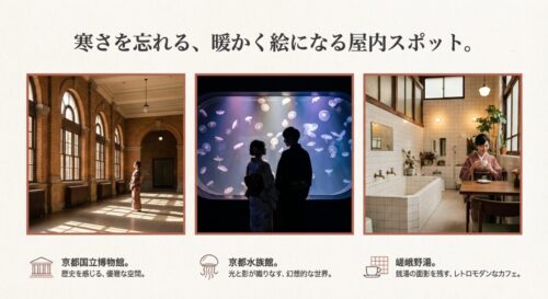 レトロな雰囲気の京都国立博物館内や、幻想的な京都水族館のクラゲ水槽前、レトロモダンなカフェ「嵯峨野湯」の内装写真。