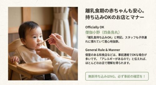 赤ちゃんが食事をする写真と、離乳食持ち込み時の事前確認やマナーについての解説
