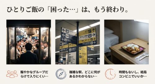 賑やかな居酒屋で肩身が狭い様子や、複雑な駅の案内板、寂しいコンビニ弁当のイメージ画像。「ひとりご飯の困ったは、もう終わり」というメッセージ 。