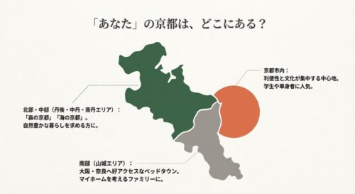 京都府の地図。「海の京都」である北部、「ベッドタウン」の南部、「利便性」の京都市内という3つのエリア特性を色分けして解説したマップ。