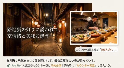 カウンター越しに板前さんが調理する様子と、大皿に盛られた美味しそうな京おばんざい料理