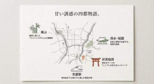 嵐山、清水・祇園、伏見稲荷、京都駅の位置関係と各エリアのスイーツの特徴を示したイラストマップ。