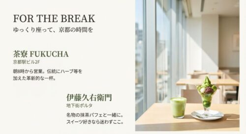 明るい窓際のカフェ席と抹茶パフェ・抹茶ラテの写真。「FOR THE BREAK」の文字とともに、茶寮FUKUCHAと伊藤久右衛門を紹介。