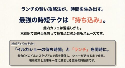 館内カフェの混雑を避け、お弁当を持ち込んでイルカスタジアムで食べる時短術の紹介。