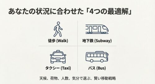 徒歩、地下鉄、タクシー、バスのアイコン。天候や荷物に合わせて選ぶ4つの最適解があることを示すスライド。