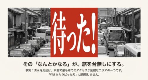 混雑する京都の街中の写真の上に大きく「待った！」という文字。「清水寺周辺は車でのアクセスが困難」「行き当たりばったりは通用しない」という警告メッセージ。