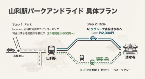 京都東ICから山科駅へ駐車し、そこからJRまたはタクシーで清水寺へ向かう詳細ルートマップ。清水寺周辺に停める場合と比べた料金の安さや所要時間を図解したもの。