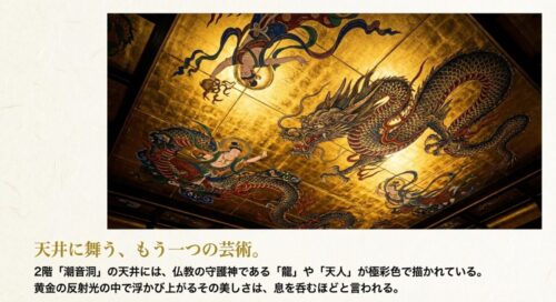 2階潮音洞の天井画。極彩色で描かれた龍と天人が黄金の光の中に浮かび上がる様子