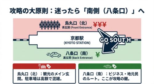 京都駅の北側（烏丸口）は高額で混雑、南側（八条口）は安くて穴場であることを比較した図解イラスト