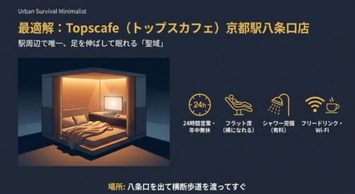 フラット席のイラストと共に、Topscafeが24時間営業・年中無休であり、シャワーやフリードリンクが完備された「駅周辺で唯一足を伸ばして眠れる聖域」であることを紹介するスライド。