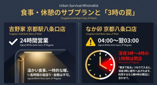 吉野家は24時間営業だが、なか卯は深夜3時から4時の間閉店することを示す図。「朝まで粘るつもりで入ると深夜3時に追い出される」という注意喚起。