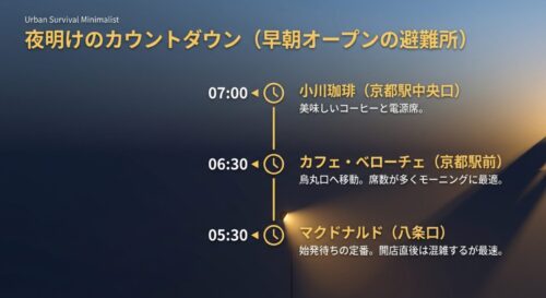 夜明けのカウントダウン。5:30にマクドナルド、6:30にカフェ・ベローチェ、7:00に小川珈琲が開店することを示す時計とタイムラインの図。