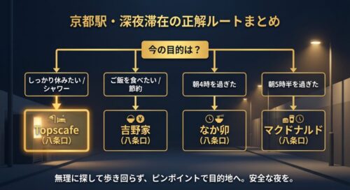 「今の目的は？」という問いから始まり、「しっかり休みたいならTopscafe」「食事・節約なら吉野家」「朝4時過ぎならなか卯」「朝5時半過ぎならマクドナルド」へと分岐する正解ルートのフローチャート図。