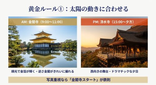 午前中の順光で輝く金閣寺と、午後の西日に照らされる清水寺の写真。「AM：金閣寺、PM：清水寺」というスケジュール案。
