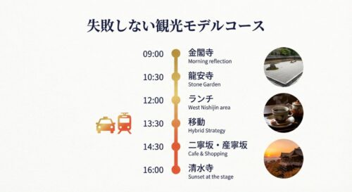 朝9時の金閣寺拝観から始まり、龍安寺、ランチ、移動を経て、夕方16時の清水寺拝観に至るまでのタイムスケジュール表。