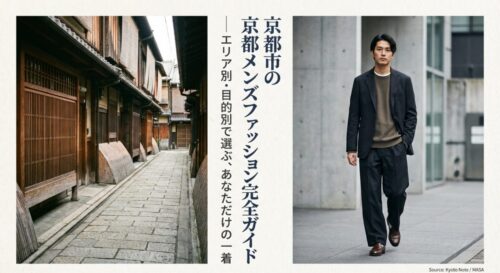 コンクリートの壁の前に立つスーツ姿の男性と、京都の古い町並みの路地裏の風景。