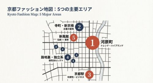 河原町、寺町・新京極、京都駅、路地裏・独立系、新風館の位置関係を示した地図。トレンド、古着、ビジネスなどエリアごとの特徴が記載されている。