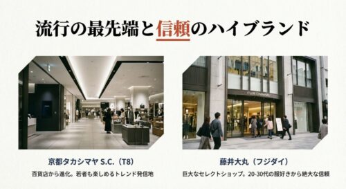 洗練された京都タカシマヤS.C.の内観と、藤井大丸のエントランス付近の様子。流行の最先端と信頼のハイブランドが集まる場所。