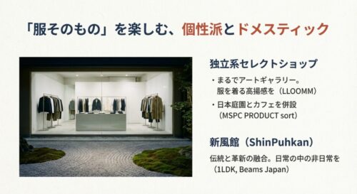 まるでアートギャラリーのようなミニマルな内装のセレクトショップと、日本庭園が見える店舗空間。伝統と革新が融合したスタイル。