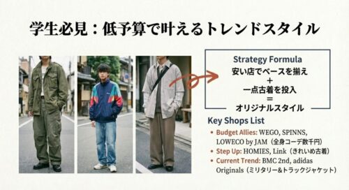 安い店でベースを揃え、一点古着を投入する「Strategy Formula」の図解。低予算でおしゃれに見せるコツが書かれている。