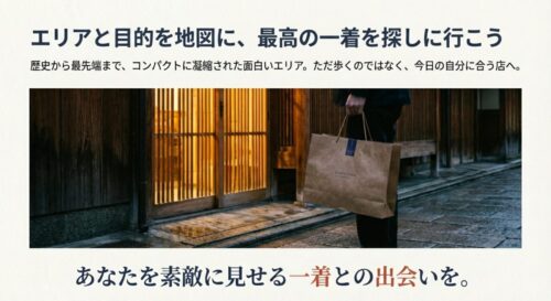 京都の町家を背景に、ショップの紙袋を手に持っている男性の後ろ姿。買い物の高揚感を感じさせる一枚。