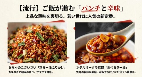 ザクザク食感のおちゃのこさいさい「京らー油ふりかけ」と、具材がたっぷり入ったホテルオークラ京都の「食べるラー油」の写真