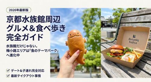 京都水族館周辺のグルメと食べ歩き情報をまとめた2026年最新版ガイドの表紙スライド。